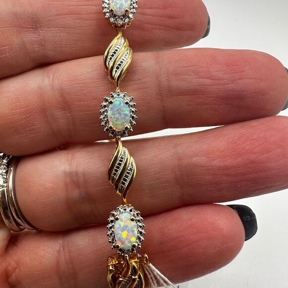 7" Lab created opal and diamond accent tennis bracelet in gold over 925! - Picture 13 of 16